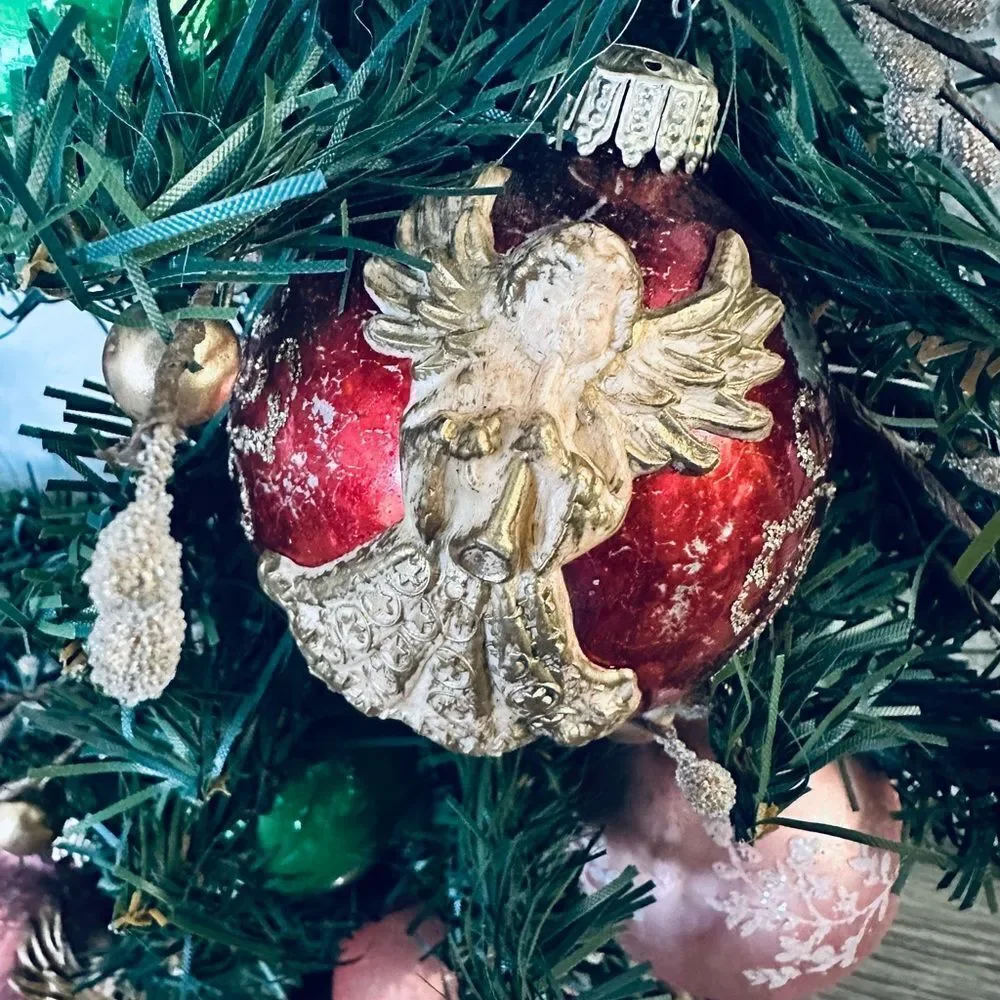 Vintage Christmas Ornaments Pink Gold Angel Holiday Wreath